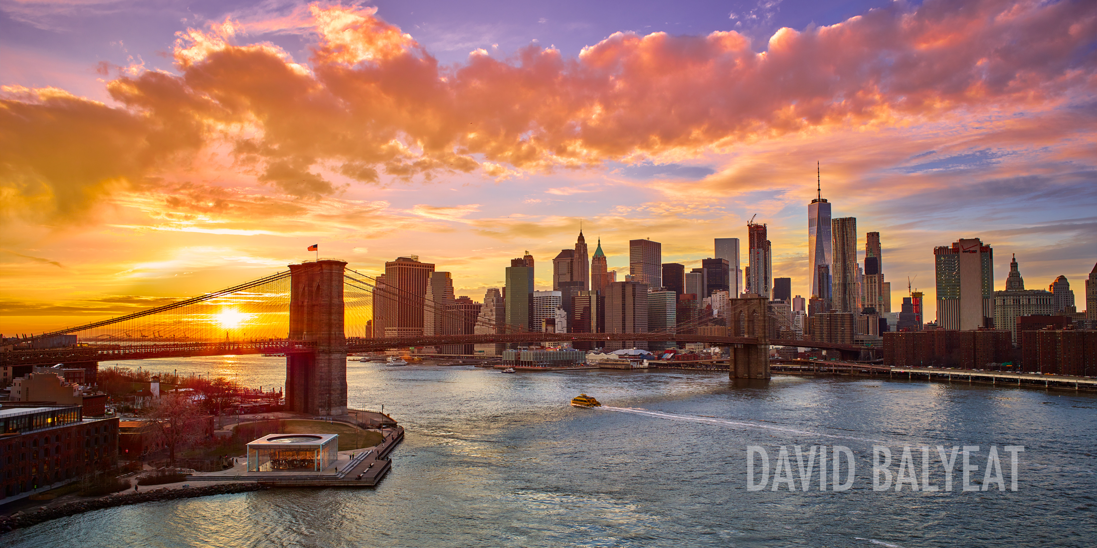 New York city of inspiration Manhattan skyline sunset Brooklyn bridge