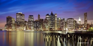 New York City skyline lower Manhattan financial district sunset pilings high definition HD photography