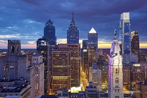 Philadelphia skyline at sunset with City Hall and William Penn Statue high-definition HD professional photography