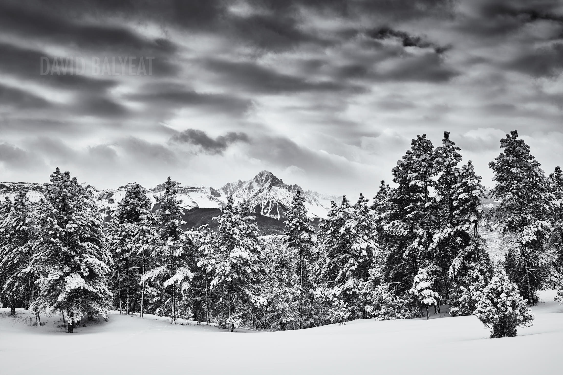 Snow day at Mount Sneffels Black and White Colorado landscape photography